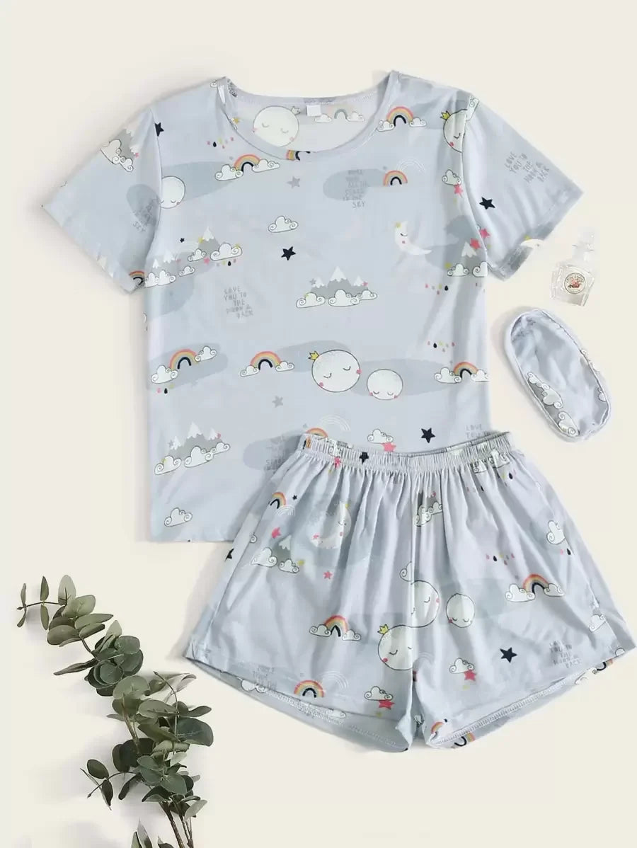 Cloud Print Pajama Set with Eye Cover - Aadima Nepal -online shopping Nepal - Fashion -Buy Clothing Online in Nepal