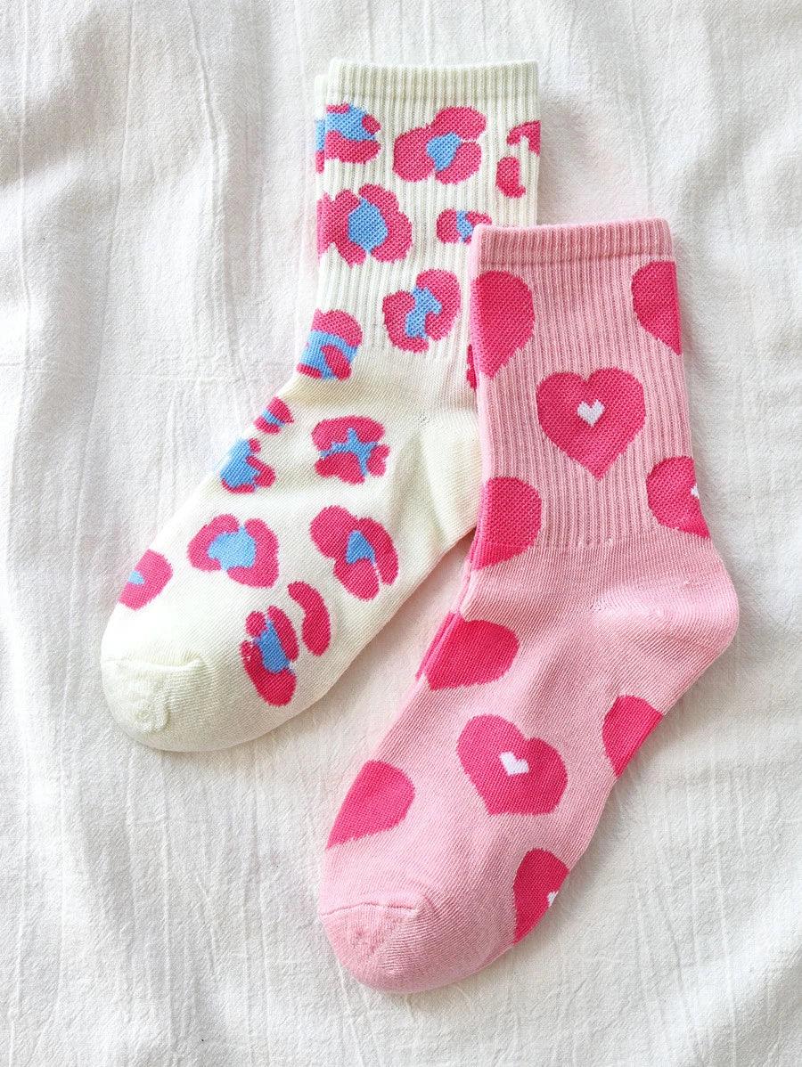 2pairs Heart Print Crew Socks - Aadima Nepal -online shopping Nepal - Fashion -Buy Clothing Online in Nepal