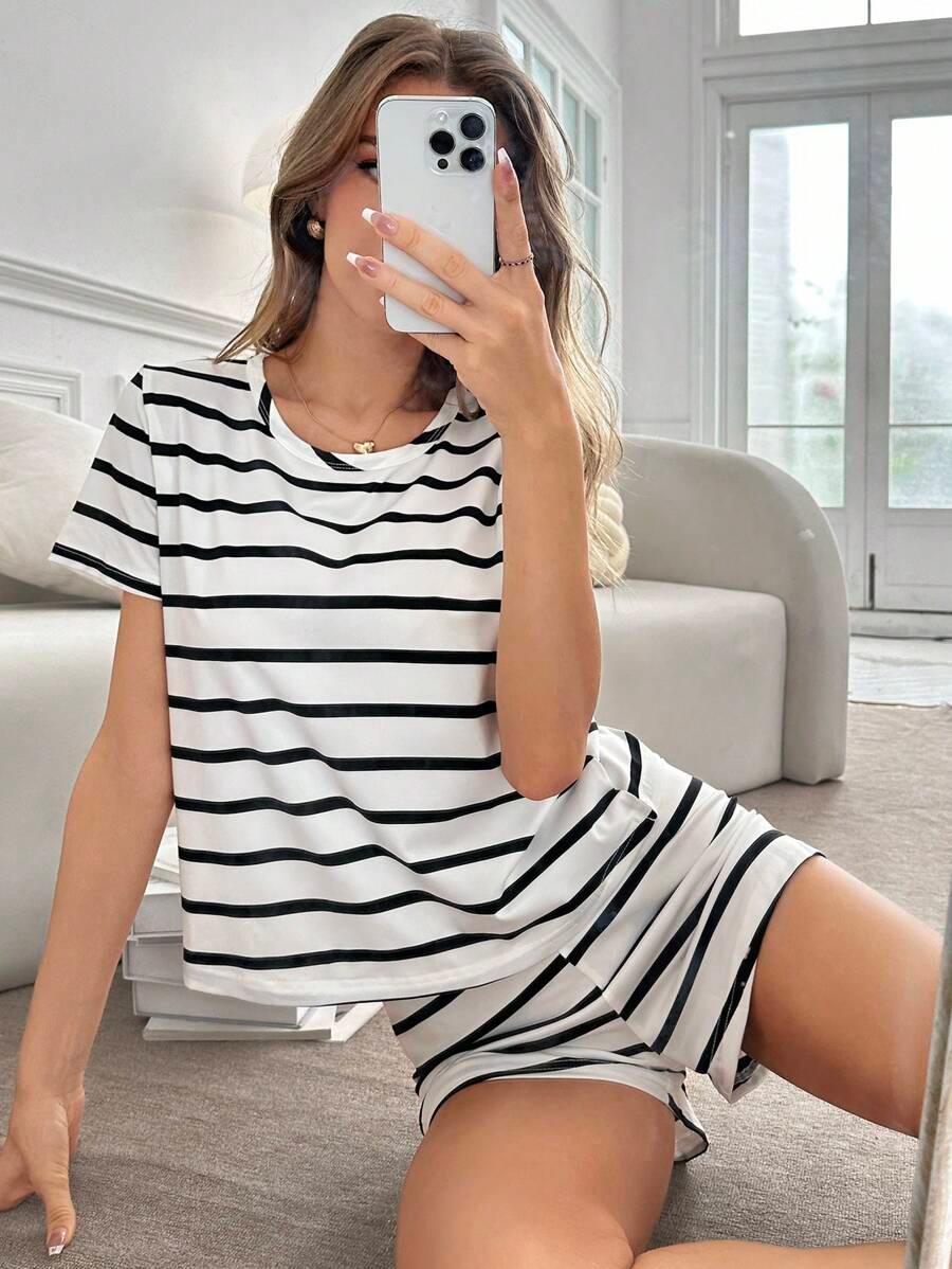 Black & White Stripe Women's Short Sleeve PJ Set - Aadima Nepal -online shopping Nepal - Fashion -Buy Clothing Online in Nepal