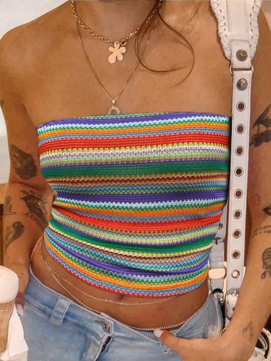 Summer Slim Fit Tube Top Colorful Stripes - Aadima Nepal -online shopping Nepal - Fashion -Buy Clothing Online in Nepal
