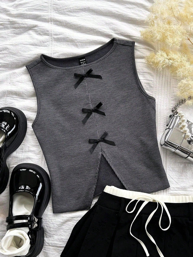 Online Shopping Nepal - Buy SHEIN Dreamara Retro Gray Striped Vest with Bow in Nepal