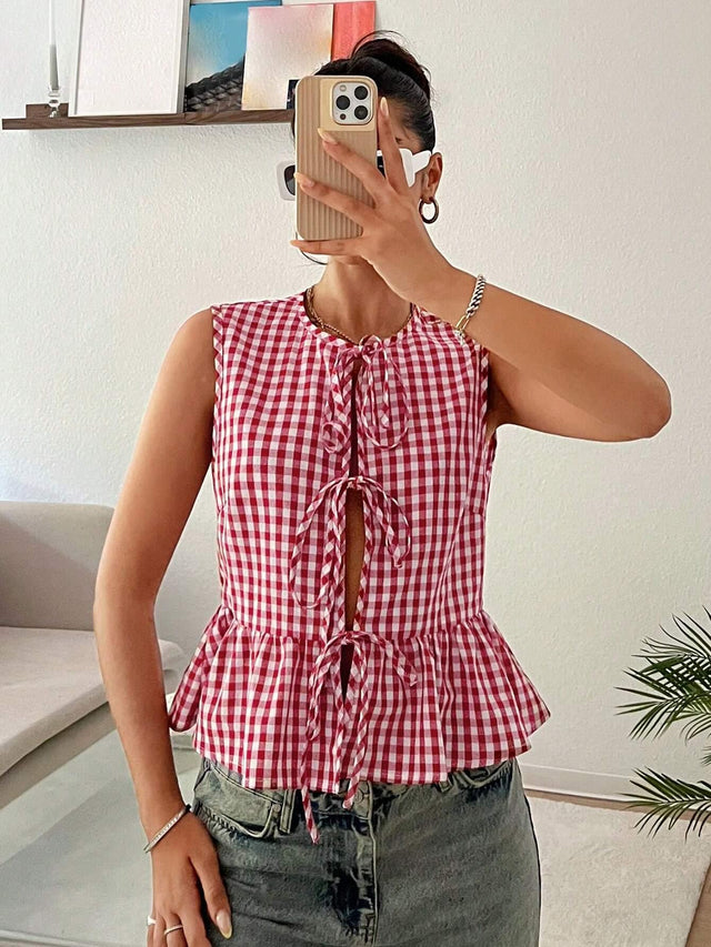 Online shopping Nepal - Buy Comfortcana Red Plaid Sleeveless Peplum Top in Nepal