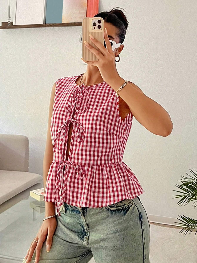 Online shopping Nepal - Buy Comfortcana Red Plaid Sleeveless Peplum Top in Nepal
