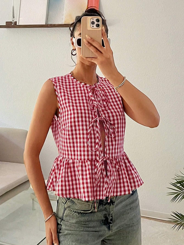 Online shopping Nepal - Buy Comfortcana Red Plaid Sleeveless Peplum Top in Nepal