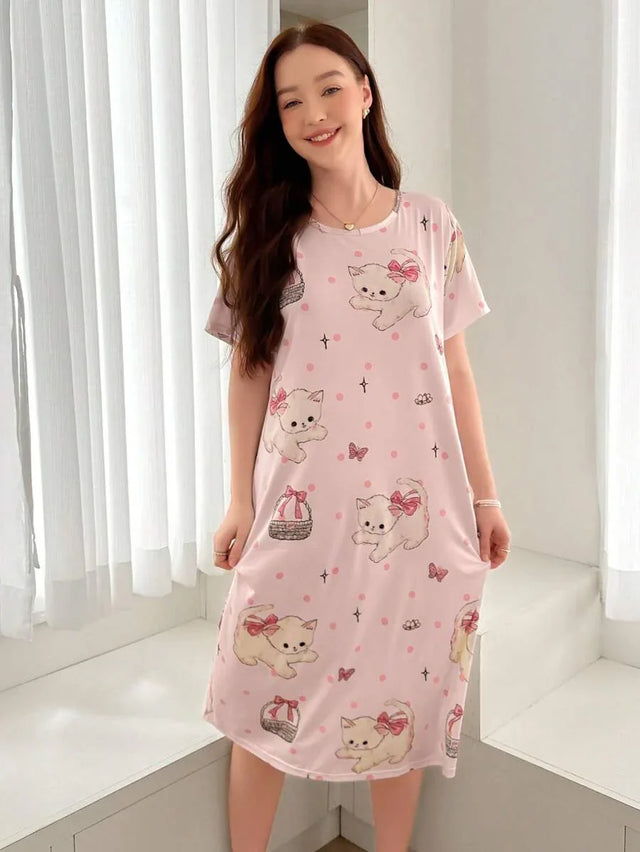 Round Neck Short Sleeve Cat Print T-Shirt Nightgown - Aadima Nepal -online shopping Nepal - Fashion -Buy Clothing Online in Nepal