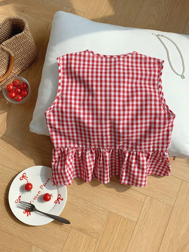 Online shopping Nepal - Buy Comfortcana Red Plaid Sleeveless Peplum Top in Nepal