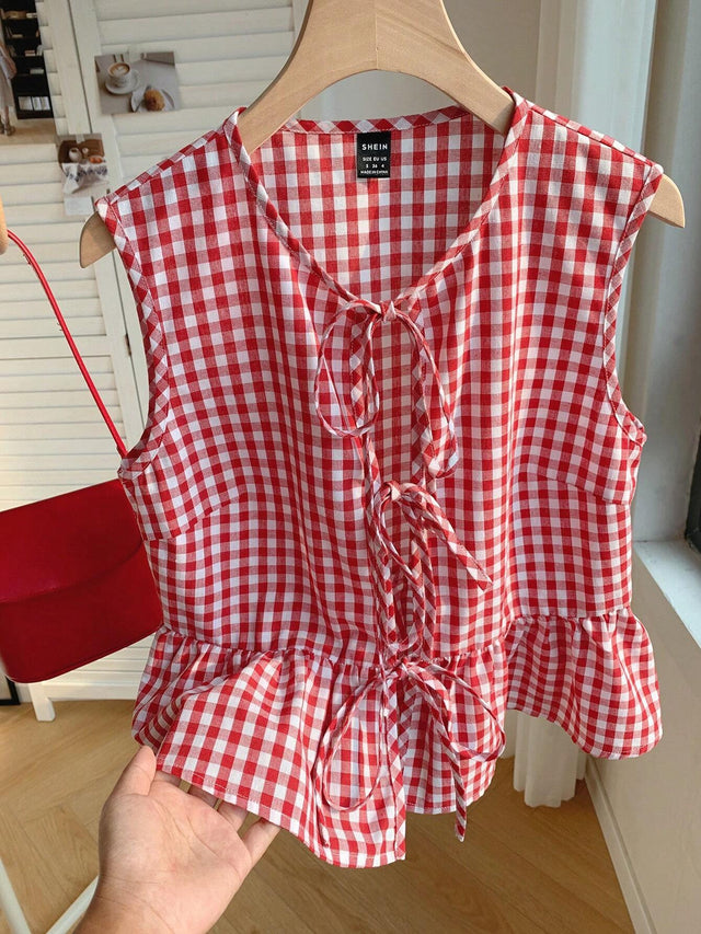 Online shopping Nepal - Buy Comfortcana Red Plaid Sleeveless Peplum Top in Nepal