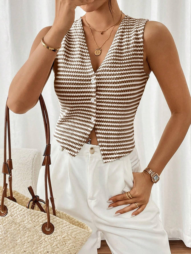 Frenchy V-Neck Striped Sleeveless Tank Top - Feature Description Details Asymmetrical, Button, Button Front Neckline V Neck Style Casual Type Tank Hem Shape Asymmetrical Color Coffee Brown Pattern Type Striped Length Regular Fit Type Slim Fit Fabric High