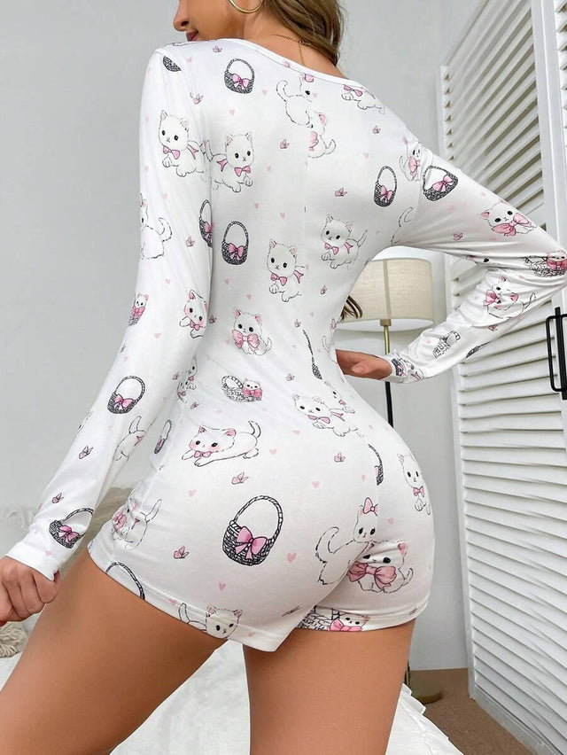 1pc Cute Cat & Bow Print Women Romper Pajamas - Aadima Nepal -online shopping Nepal - Fashion -Buy Clothing Online in Nepal