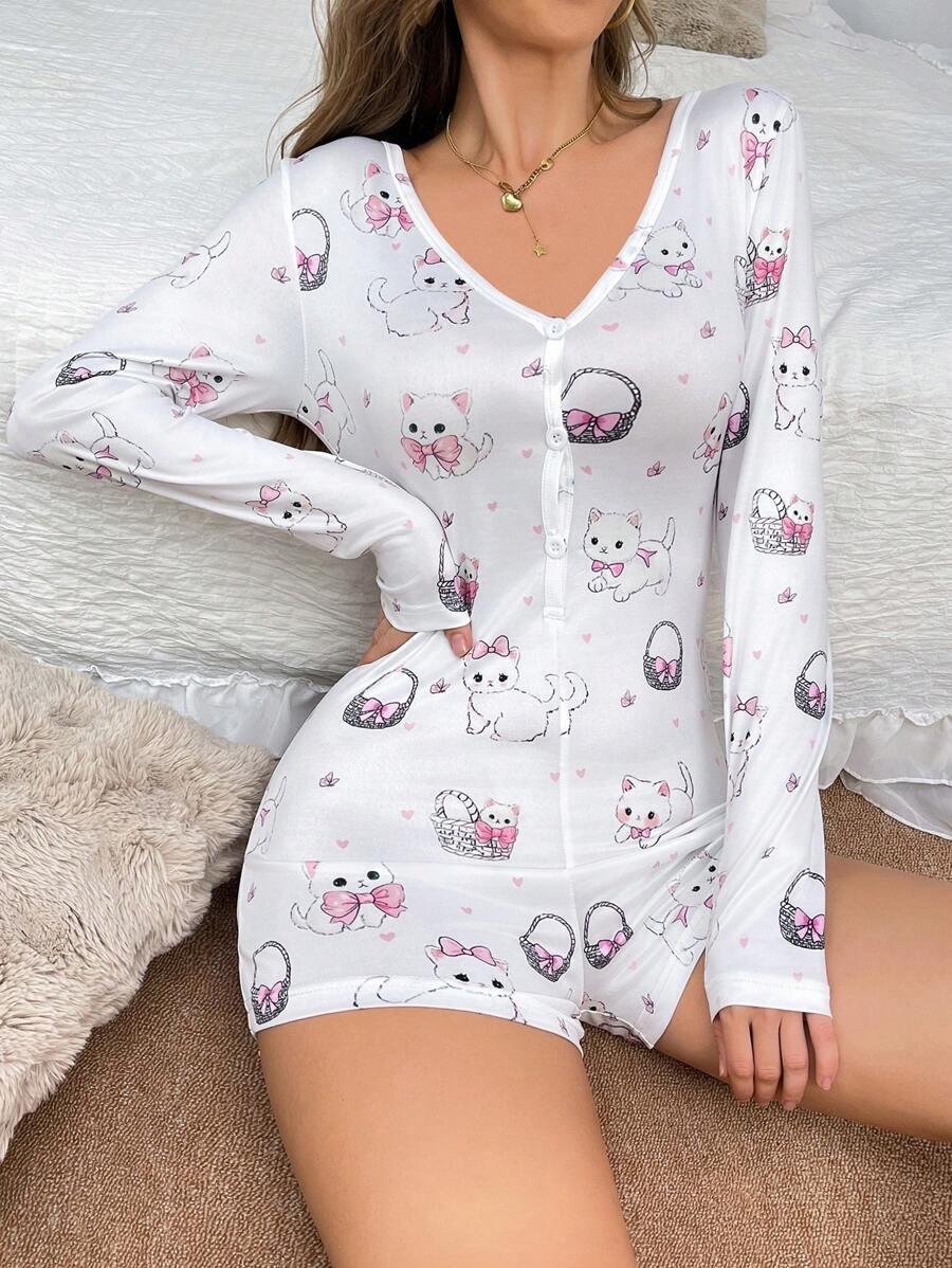 1pc Cute Cat & Bow Print Women Romper Pajamas - Aadima Nepal -online shopping Nepal - Fashion -Buy Clothing Online in Nepal