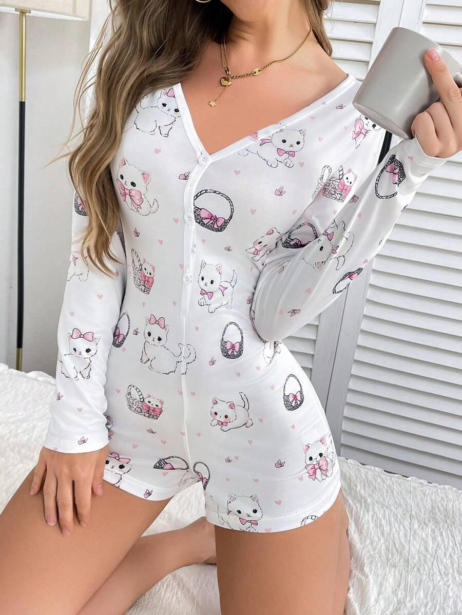 1pc Cute Cat & Bow Print Women Romper Pajamas - Aadima Nepal -online shopping Nepal - Fashion -Buy Clothing Online in Nepal