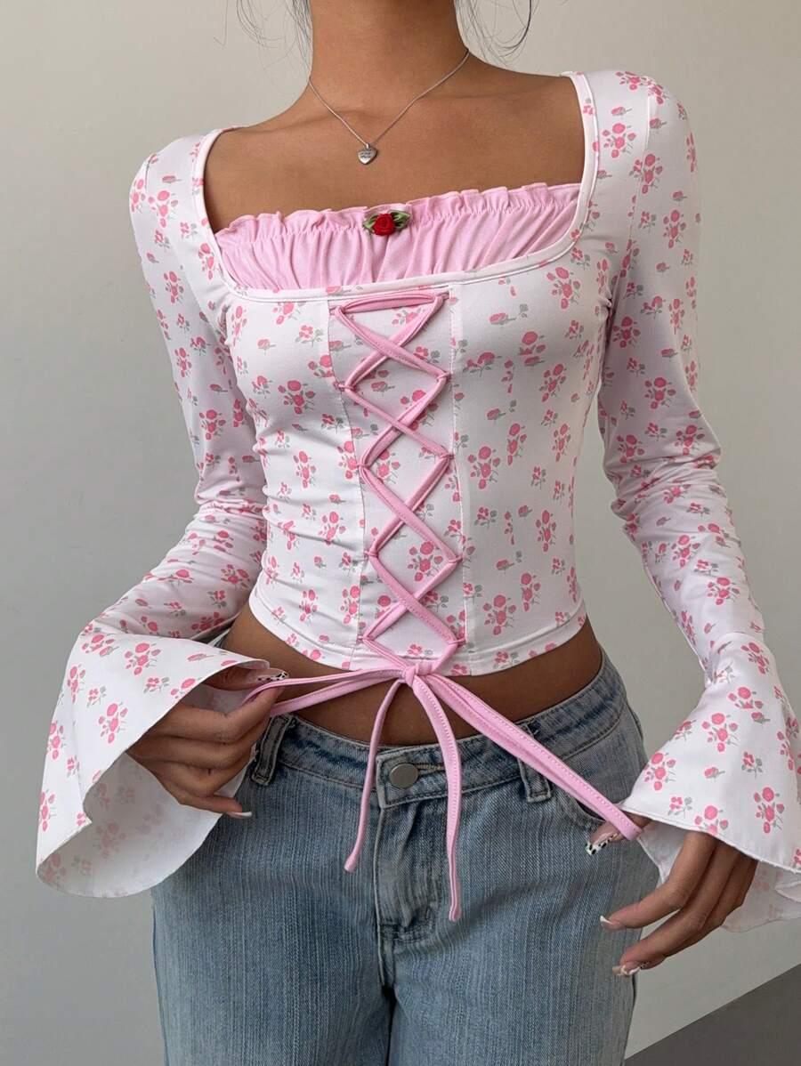 Women's Floral Flare Sleeve Criss-Cross Tie T-Shirt - Aadima Nepal -online shopping Nepal - Fashion -Buy Clothing Online in Nepal