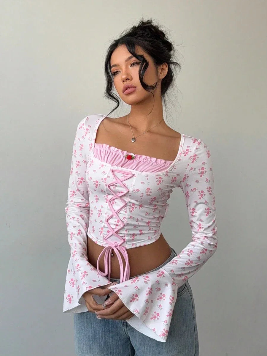 Women's Floral Flare Sleeve Criss-Cross Tie T-Shirt - Aadima Nepal -online shopping Nepal - Fashion -Buy Clothing Online in Nepal