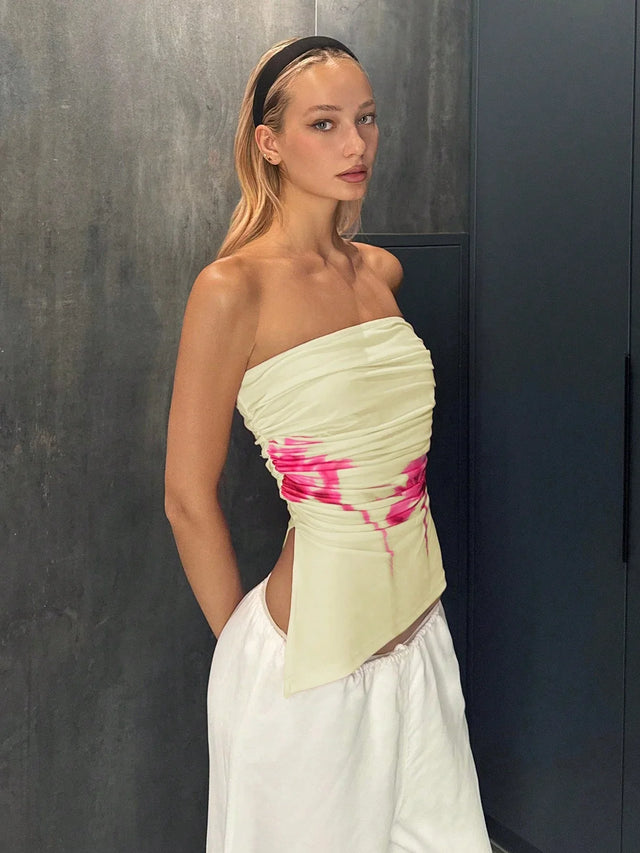 Floral Print Ruched Asymmetric bandeu Top - Aadima Nepal -online shopping Nepal - Fashion -Buy Clothing Online in Nepal