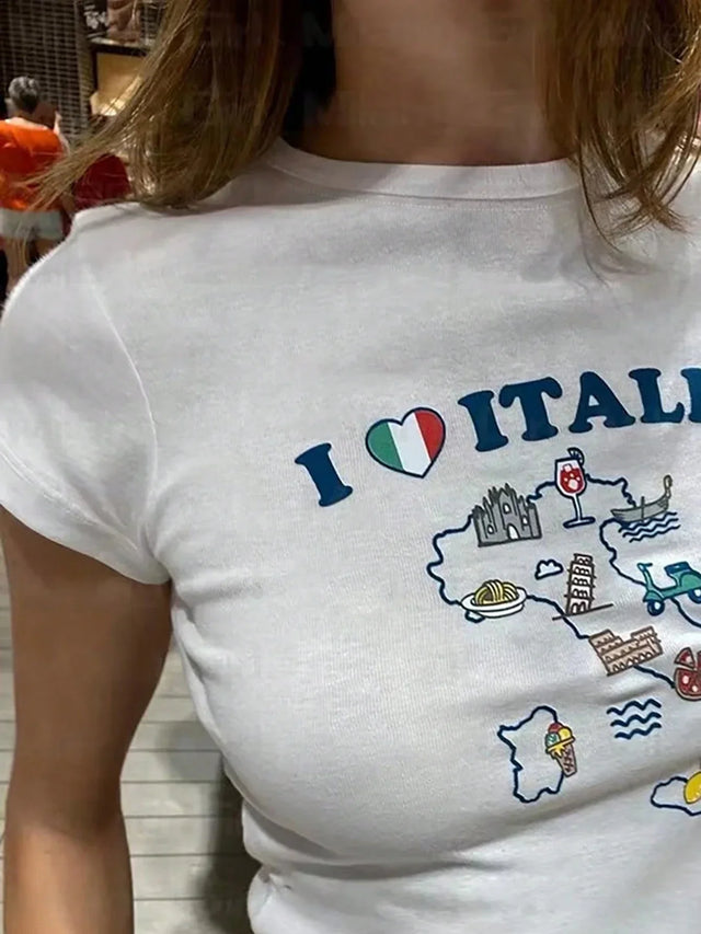 I Love Italy Letter Print Tight Crop T-Shirt - Aadima Nepal -online shopping Nepal - Fashion -Buy Clothing Online in Nepal