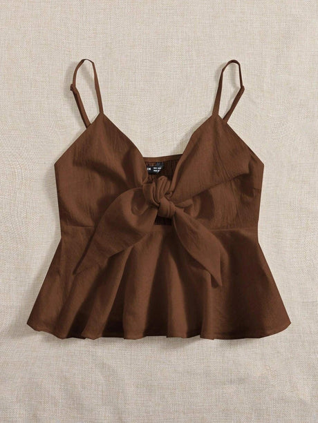 SHEIN WYWH Knot Front Ruffle Hem Cami Top - Details Description Design Ruffle Hem, Knot, Shirred Neckline Spaghetti Strap Style Casual Type Cami Hem Shaped Flared Color Coffee Brown Pattern Type Plain Length Regular Fit Type Slim Fit Fabric Non-Stretch Ma