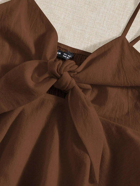 SHEIN WYWH Knot Front Ruffle Hem Cami Top - Details Description Design Ruffle Hem, Knot, Shirred Neckline Spaghetti Strap Style Casual Type Cami Hem Shaped Flared Color Coffee Brown Pattern Type Plain Length Regular Fit Type Slim Fit Fabric Non-Stretch Ma