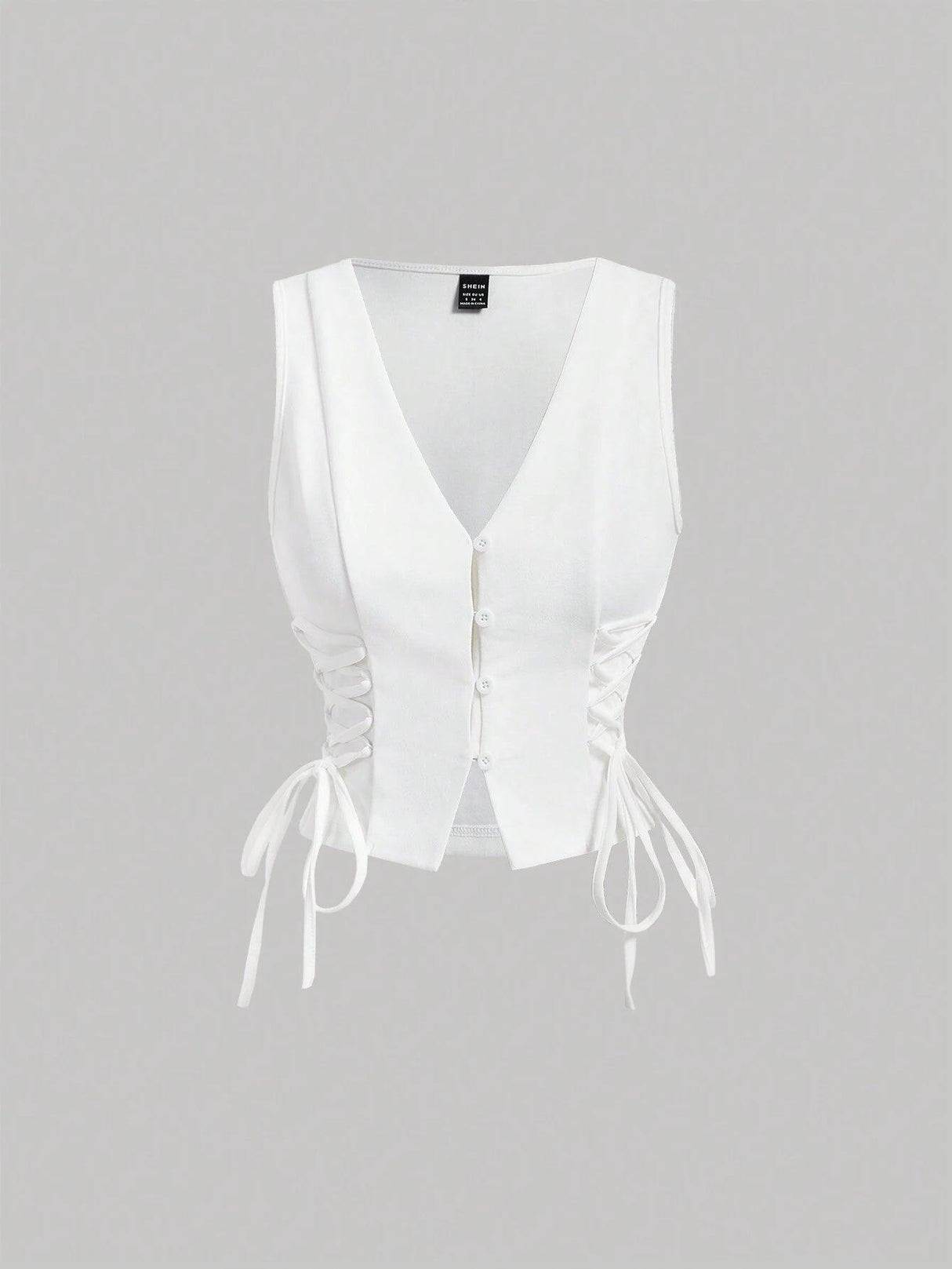 Buttoned Strap Side Tie At Waist Summer Tank Top - Feature Description Details Lace Up, Asymmetrical, Button Neckline V Neck Style Casual Type Tank Hem Shape Asymmetrical Color White Pattern Type Plain Length Regular Fit Type Regular Fit Fabric Medium Str