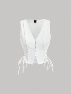 Buttoned Strap Side Tie At Waist Summer Tank Top - Feature Description Details Lace Up, Asymmetrical, Button Neckline V Neck Style Casual Type Tank Hem Shape Asymmetrical Color White Pattern Type Plain Length Regular Fit Type Regular Fit Fabric Medium Str