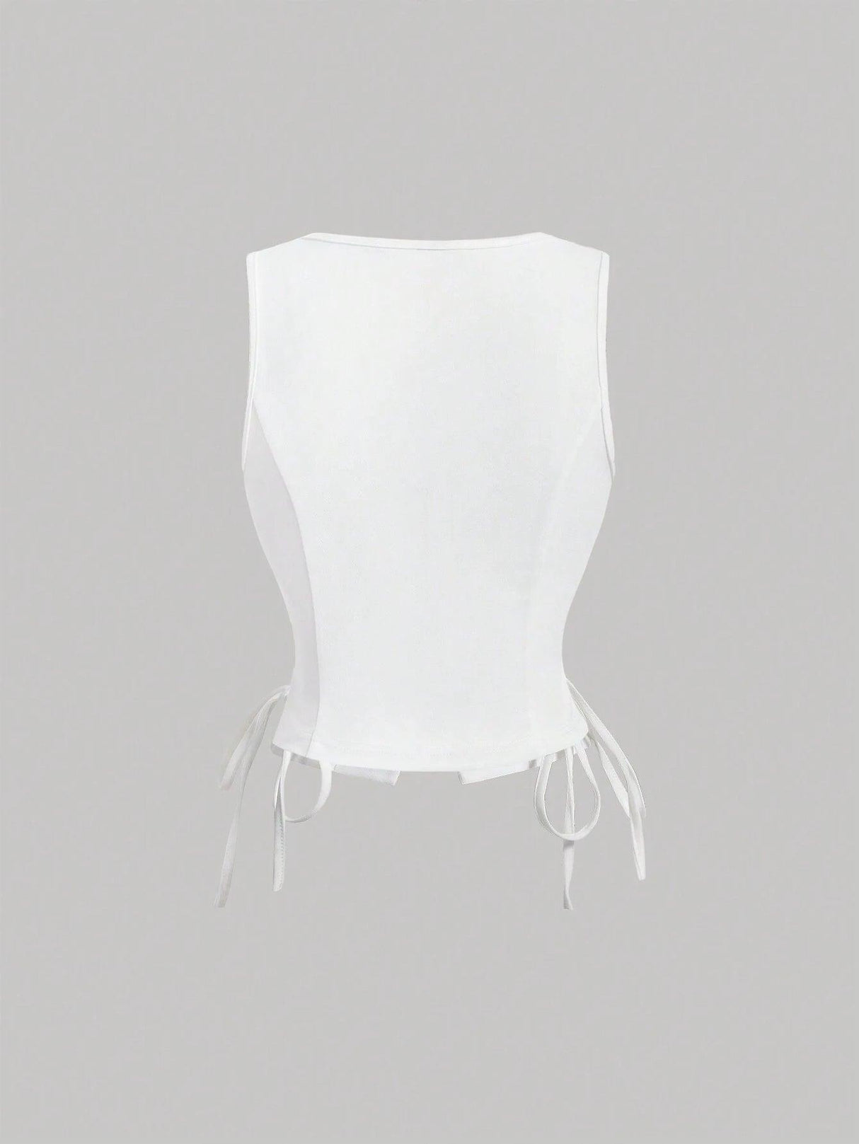 Buttoned Strap Side Tie At Waist Summer Tank Top - Feature Description Details Lace Up, Asymmetrical, Button Neckline V Neck Style Casual Type Tank Hem Shape Asymmetrical Color White Pattern Type Plain Length Regular Fit Type Regular Fit Fabric Medium Str