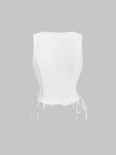 Buttoned Strap Side Tie At Waist Summer Tank Top - Feature Description Details Lace Up, Asymmetrical, Button Neckline V Neck Style Casual Type Tank Hem Shape Asymmetrical Color White Pattern Type Plain Length Regular Fit Type Regular Fit Fabric Medium Str
