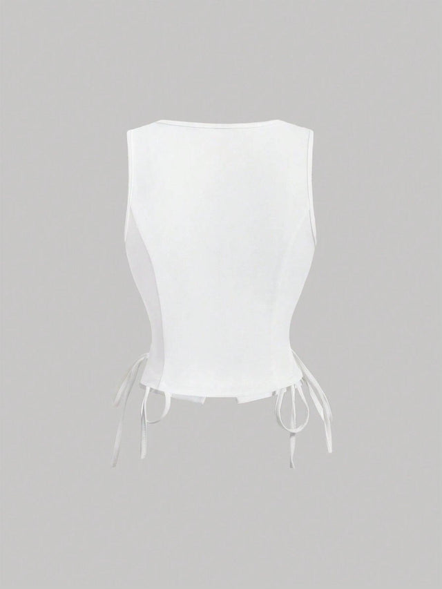 Buttoned Strap Side Tie At Waist Summer Tank Top - Feature Description Details Lace Up, Asymmetrical, Button Neckline V Neck Style Casual Type Tank Hem Shape Asymmetrical Color White Pattern Type Plain Length Regular Fit Type Regular Fit Fabric Medium Str