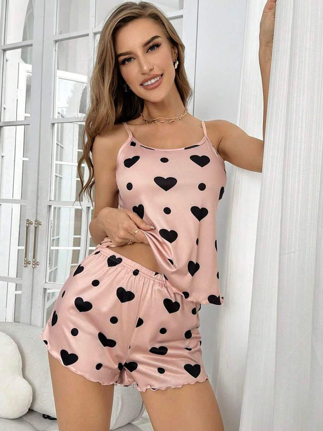Sleeveless Camisole Heart Print Pajama Set - Aadima Nepal -online shopping Nepal - Fashion -Buy Clothing Online  in Nepal
