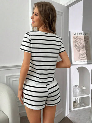 Black & White Stripe Women's Short Sleeve PJ Set - Aadima Nepal -online shopping Nepal - Fashion -Buy Clothing Online  in Nepal