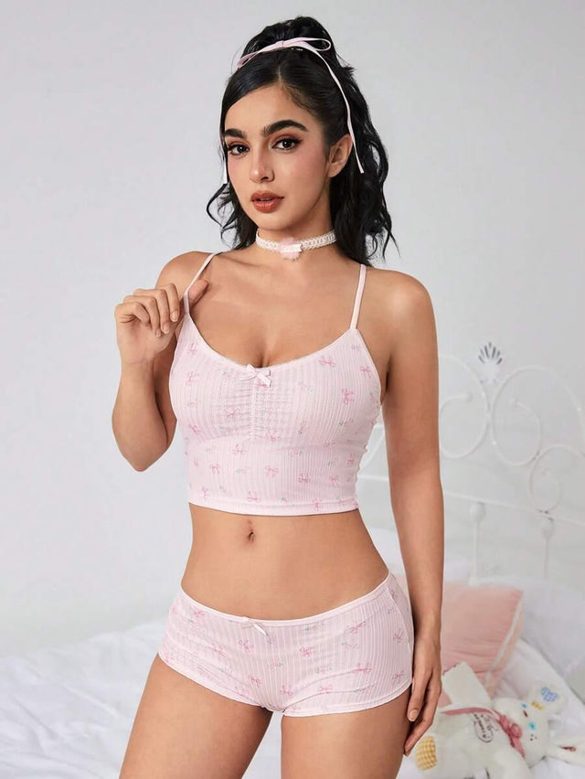Small bow decor & floral print cami and panty set - Aadima Nepal -online shopping Nepal - Fashion -Buy Clothing Online  in Nepal