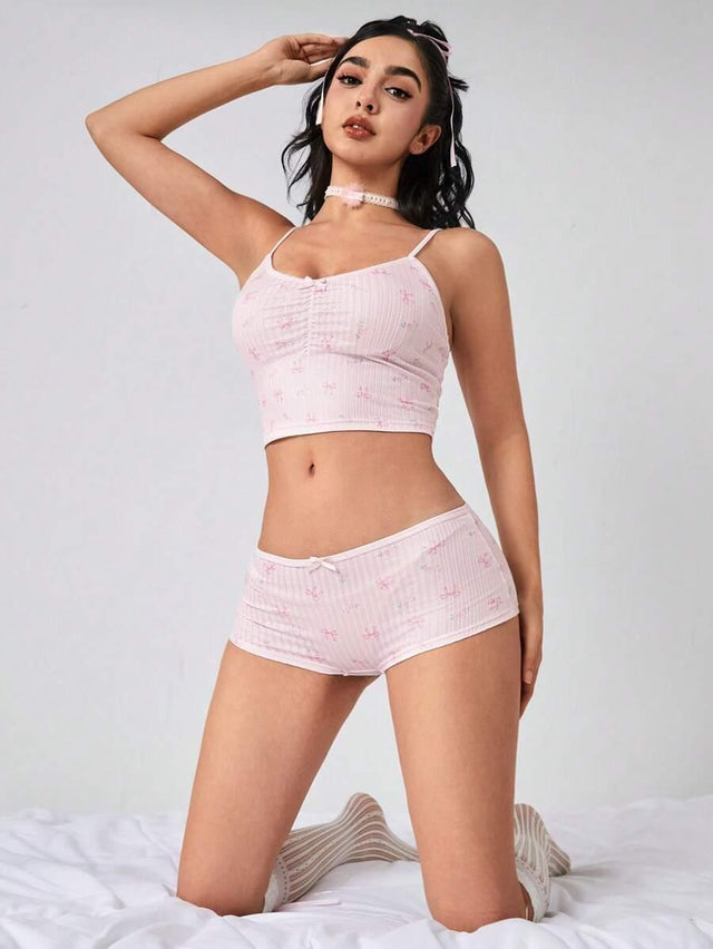 Small bow decor & floral print cami and panty set - Aadima Nepal -online shopping Nepal - Fashion -Buy Clothing Online  in Nepal