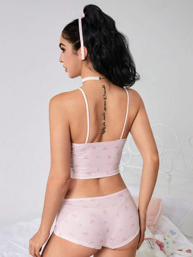 Small bow decor & floral print cami and panty set - Aadima Nepal -online shopping Nepal - Fashion -Buy Clothing Online  in Nepal