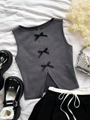 Online Shopping Nepal - Buy SHEIN Dreamara Retro Gray Striped Vest with Bow in Nepal
