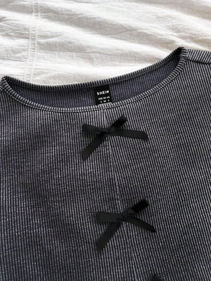 Online Shopping Nepal - Buy SHEIN Dreamara Retro Gray Striped Vest with Bow in Nepal