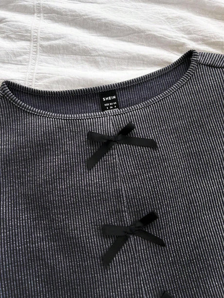 Online Shopping Nepal - Buy SHEIN Dreamara Retro Gray Striped Vest with Bow in Nepal