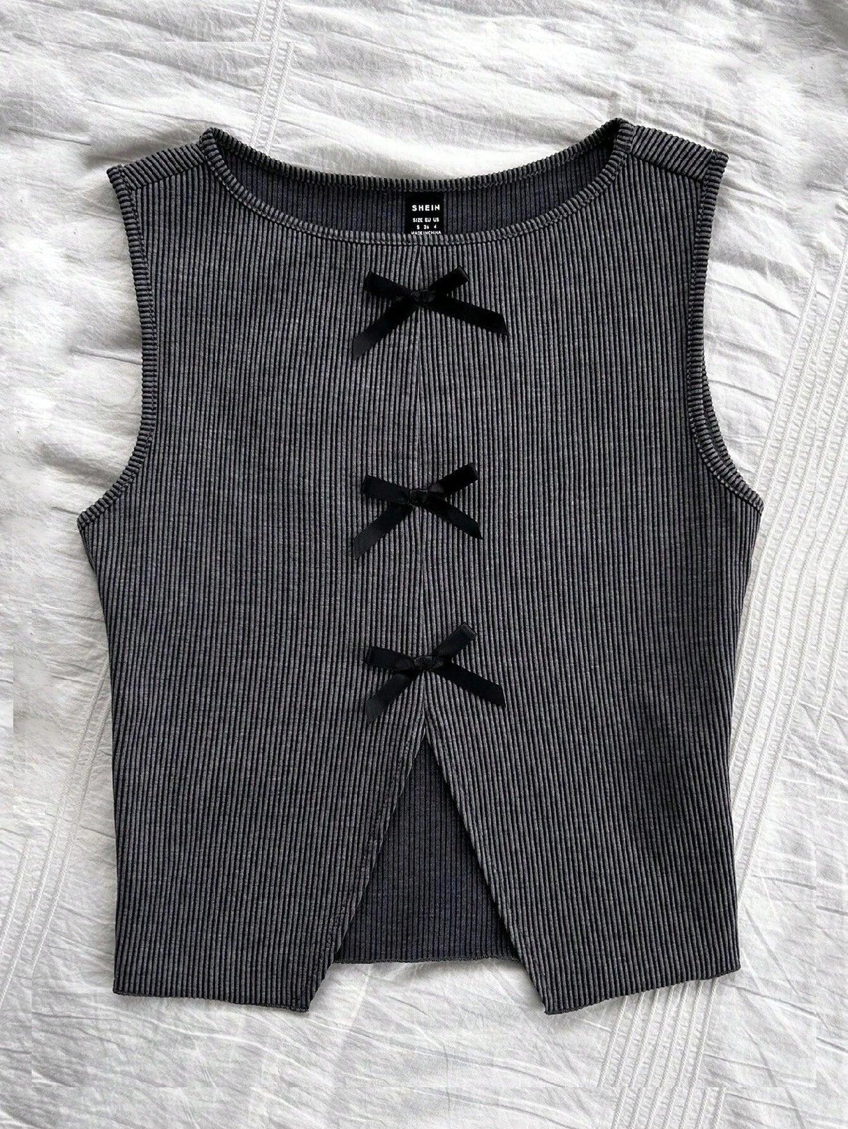 Online Shopping Nepal - Buy SHEIN Dreamara Retro Gray Striped Vest with Bow in Nepal