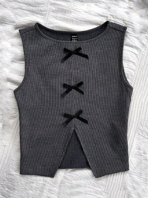 Online Shopping Nepal - Buy SHEIN Dreamara Retro Gray Striped Vest with Bow in Nepal