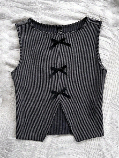Online Shopping Nepal - Buy SHEIN Dreamara Retro Gray Striped Vest with Bow in Nepal