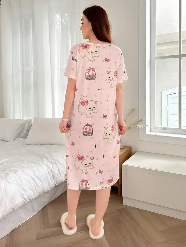 Round Neck Short Sleeve Cat Print T-Shirt Nightgown - Aadima Nepal -online shopping Nepal - Fashion -Buy Clothing Online  in Nepal