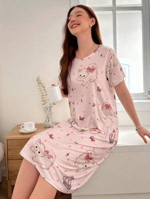 Round Neck Short Sleeve Cat Print T-Shirt Nightgown - Aadima Nepal -online shopping Nepal - Fashion -Buy Clothing Online  in Nepal
