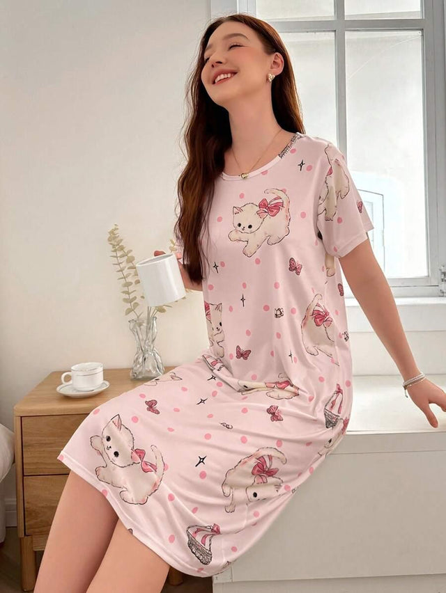 Round Neck Short Sleeve Cat Print T-Shirt Nightgown - Aadima Nepal -online shopping Nepal - Fashion -Buy Clothing Online  in Nepal