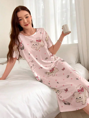 Round Neck Short Sleeve Cat Print T-Shirt Nightgown - Aadima Nepal -online shopping Nepal - Fashion -Buy Clothing Online  in Nepal