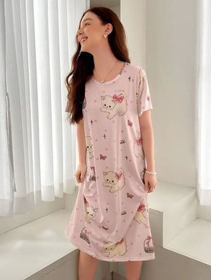 Round Neck Short Sleeve Cat Print T-Shirt Nightgown - Aadima Nepal -online shopping Nepal - Fashion -Buy Clothing Online  in Nepal