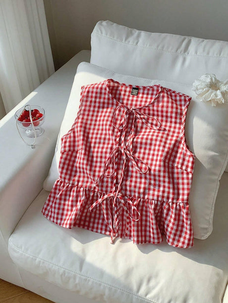 Online shopping Nepal - Buy Comfortcana Red Plaid Sleeveless Peplum Top in Nepal