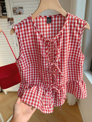 Online shopping Nepal - Buy Comfortcana Red Plaid Sleeveless Peplum Top in Nepal