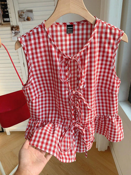 Online shopping Nepal - Buy Comfortcana Red Plaid Sleeveless Peplum Top in Nepal