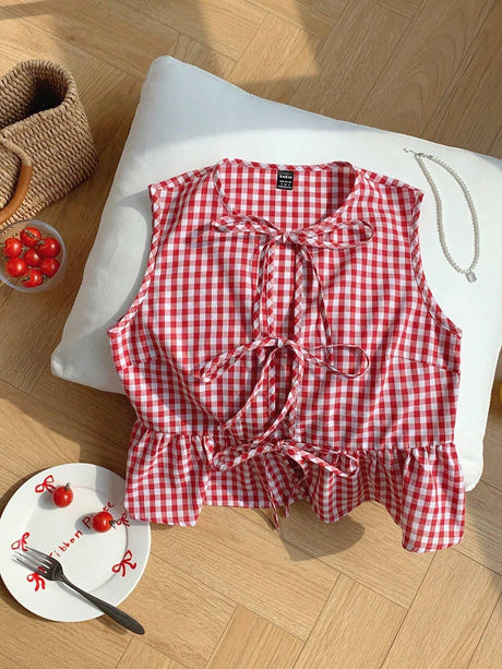 Online shopping Nepal - Buy Comfortcana Red Plaid Sleeveless Peplum Top in Nepal