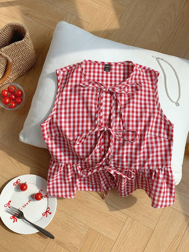 Online shopping Nepal - Buy Comfortcana Red Plaid Sleeveless Peplum Top in Nepal