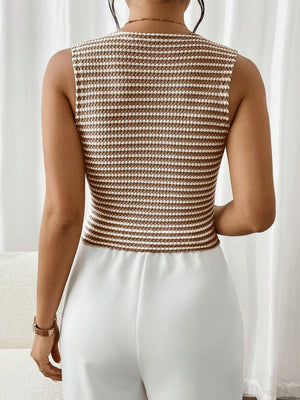 Frenchy V-Neck Striped Sleeveless Tank Top - Feature Description Details Asymmetrical, Button, Button Front Neckline V Neck Style Casual Type Tank Hem Shape Asymmetrical Color Coffee Brown Pattern Type Striped Length Regular Fit Type Slim Fit Fabric High