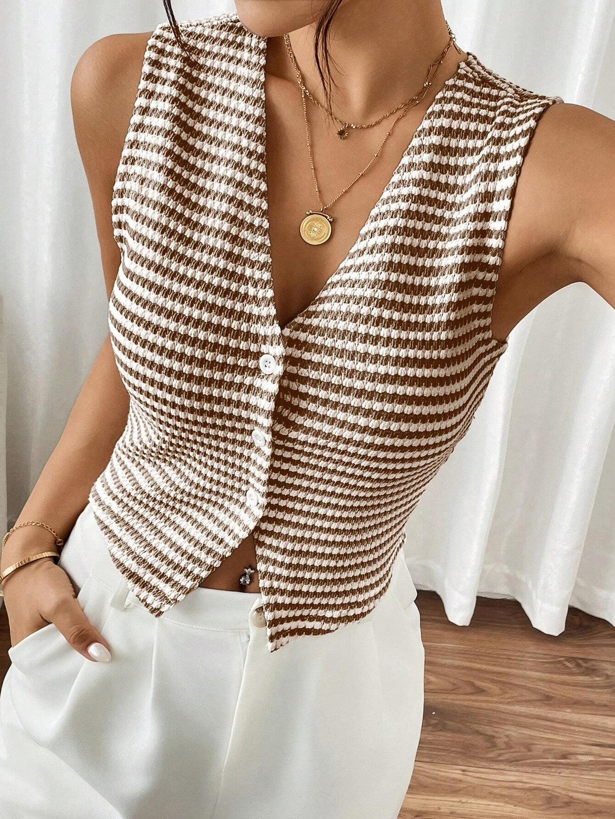 Frenchy V-Neck Striped Sleeveless Tank Top - Feature Description Details Asymmetrical, Button, Button Front Neckline V Neck Style Casual Type Tank Hem Shape Asymmetrical Color Coffee Brown Pattern Type Striped Length Regular Fit Type Slim Fit Fabric High