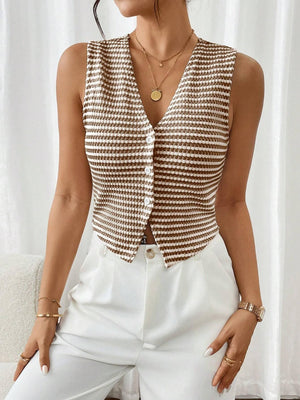Frenchy V-Neck Striped Sleeveless Tank Top - Feature Description Details Asymmetrical, Button, Button Front Neckline V Neck Style Casual Type Tank Hem Shape Asymmetrical Color Coffee Brown Pattern Type Striped Length Regular Fit Type Slim Fit Fabric High
